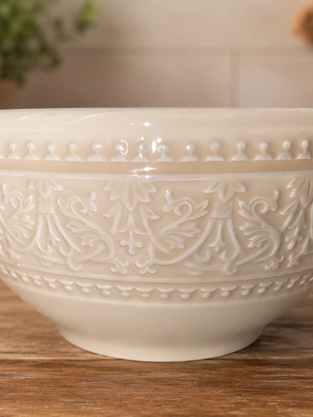 Cream Decorative Embossed Ceramic Serving Bowl